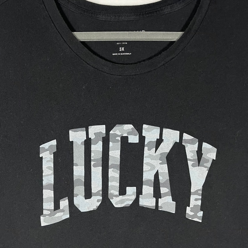 LUCKY BRAND Black Camo Print Spell Out Logo Rolled Sleeve Tee T-Shirt Top 3X - Picture 3 of 7